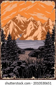 National park colorful poster in vintage style with stones trees and grass on coast of river on mountains landscape vector illustration