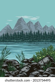 National park colorful poster in vintage style with stones and plants on coast of river on forest and mountains landscape vector illustration