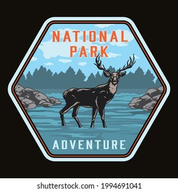 National park colorful vintage emblem with deer standing in lake on forest landscape isolated vector illustration