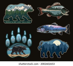 National park colorful vintage labels with beautiful nature landscapes inside bear grizzly claw bison rainbow trout and bass fishes silhouettes isolated vector illustration