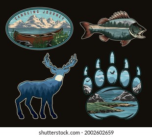 National park colorful vintage logos with wooden canoe nature landscapes inside perch fish deer and beer claw silhouettes isolated vector illustration