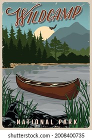 National park colorful vintage poster with wooden canoe on lake on beautiful nature landscape vector illustration