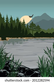 National park colorful vintage poster with grass stones lake flying bird forest and mountains silhouette vector illustration