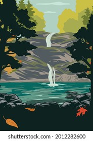 National park colorful vintage poster with trees stones falling leaves pond and small waterfall vector illustration