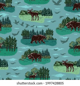 National park colorful vintage seamless pattern with moose american bison deer bear flying birds silhouettes and forest landscapes vector illustration