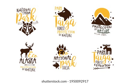 National Park Eco Club Logo Templates Design Set, Taiga, Forest, Protection of Nature Hand Drawn Emblems Vector Illustration