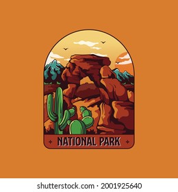 National Park Emblem Design Illustration For Stamp Logo Poster Vector Isolated Stone Desert Cactus Wildlife