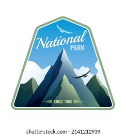 National park flat color emblem with mountains on background with blue sky and birds vector illustration