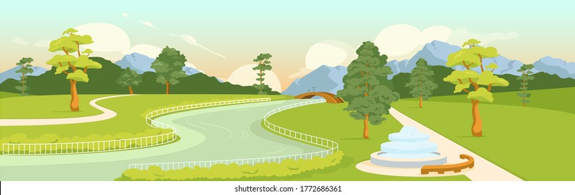 National park flat color vector illustration. Town eco zone panorama. City recreational park. Urban green area. River and streets 2D cartoon landscape with mountains, trees and bridge on background