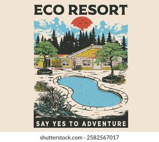 National park graphic artwork for sticker, poster, background. Eco resort with swing pool artwork. Colorado adventure vintage print design for t shirt and others.