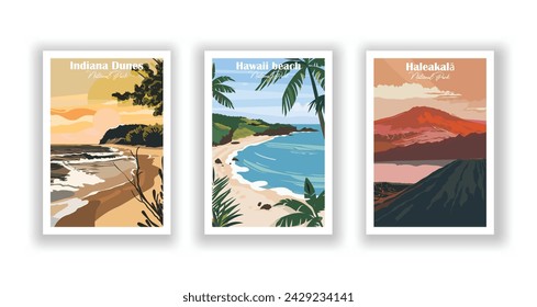 Haleakalā, National Park. Hawaii beach , National Park. Indiana Dunes, National Park - Vintage travel poster. Vector illustration. High quality prints svg
