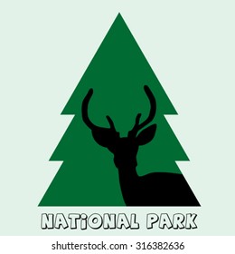 National park icon with deer stag and green fir
