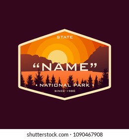 National Park mountain river and forest background. emblem, icon, label, sticker, badge, vector illustration.