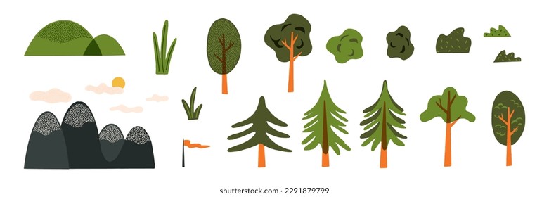 National park, nature landscape creator. Cute retro-style nature elements collection. Various deciduous and coniferous trees, meadows, mountains, sun and clouds, and scrubs. Vector plant set.