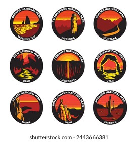 National Park North American Vector Badge Sunset Landscape Set