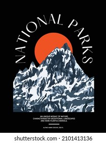 National Park peak of a mountain in winter with snow and red sun. Vector illustration for retro t shirt or poster