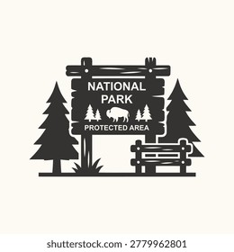 National Park Protected Area Sign with Bison and Pine Trees Silhouette Icon