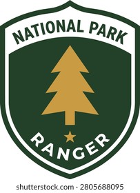 National Park Ranger Badge Featuring a Pine Tree and Star on a Green Shield Background