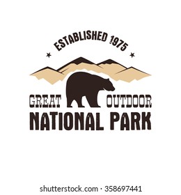 National park retro style badge. Mountain explorer label. Outdoor adventure logo design with bear. Travel and hipster insignia. Wilderness, forest camping emblem Hiking. Vector design typography
