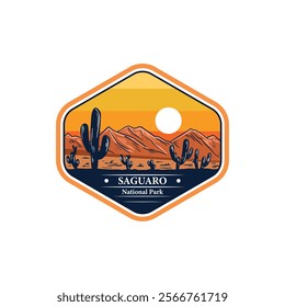 National park saguaro vector design,sunset retro badge graphic