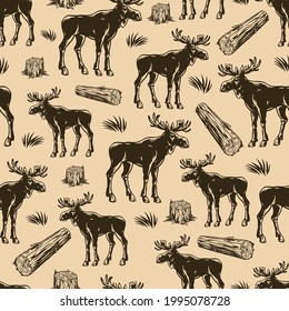 National park seamless pattern with moose wooden logs trunks and grass in vintage monochrome style vector illustration