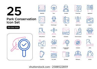 National Park Tourism and Nature Exploration. Forests, Rivers, and Adventure Travel. Vector Illustration. Oultine duo tone icon set