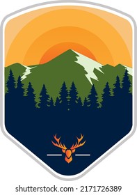 National Park vector logo illustration with sunset background. Premium mountains view logo vector