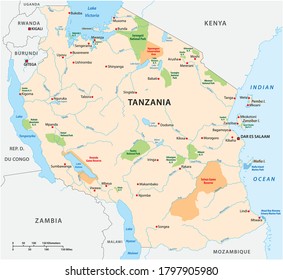 National Park Vector Map Of The East African State Of Tanzania