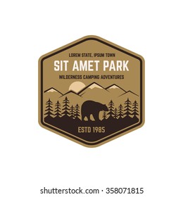 National park vintage badge. Mountain explorer label. Outdoor adventure logo design with bear. Travel and hipster insignia. Wilderness, forest camping emblem. Hiking, backpack Vector design typography