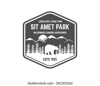 National park vintage badge. Mountain explorer label. Outdoor adventure logo design with bear. Travel and hipster insignia. Wilderness, forest camping emblem Hiking, backpack Vector monochrome