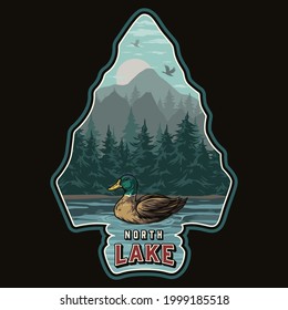 National park vintage colorful concept with duck swimming in lake on forest and mountains landscape inside arrowhead silhouette isolated vector illustration