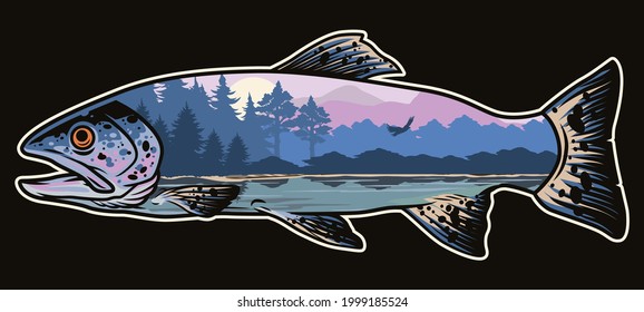 National park vintage colorful concept with lake forest and mountains nature landscape inside rainbow trout fish silhouette isolated vector illustration