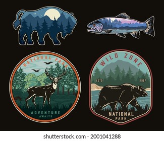 National park vintage colorful logos with deer walking bear and nature landscapes inside bison and rainbow trout fish silhouettes isolated vector illustration