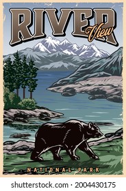 National park vintage colorful poster with bear walking on river coast on beautiful nature landscape vector illustration