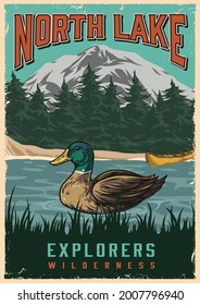 National park vintage colorful poster with wild duck swimming in lake on forest and mountains landscape vector illustration