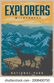 National park vintage colorful poster with deer standing near cliff and looking at mountains landscape vector illustration