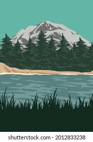 National park vintage colorful poster with beautiful river grass forest and mountains vector illustration