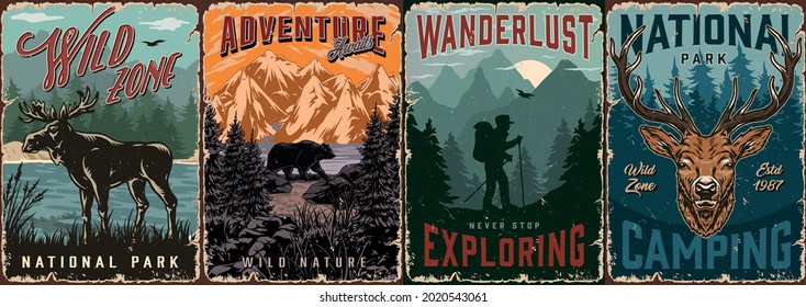National park vintage colorful posters with deer head moose bear and traveler with trekking poles and backpack on nature landscapes vector illustration - Shutterstock ID 2020543061