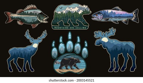 National park vintage colorful prints with different nature landscapes inside perch rainbow trout fishes bear deer moose grizzly claw silhouettes isolated vector illustration