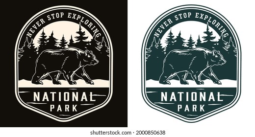 National park vintage logotype in monochrome style with walking bear on forest landscape isolated vector illustration