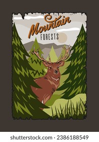 Afiche de la cosecha del parque nacional. Venado cerca de árboles y colinas, montañas. Vida silvestre y fauna, naturaleza. Elemento gráfico para el sitio web. Dibujo vectorial plano de dibujos animados aislado en fondo beige