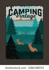 Afiche de la cosecha del parque nacional. Los ciervos en el bosque con árboles. Vida silvestre y fauna, naturaleza. Camping y senderismo. Cartel o cubierta. Dibujo vectorial plano de dibujos animados aislado en fondo beige