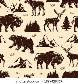 Patrón ininterrumpido de vintage de parque nacional con árboles de bisonte de oso de ciervo y montañas estadounidenses en ilustración vectorial de estilo monocromo