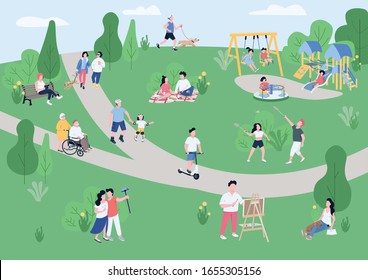 National park visitors flat color vector illustration. People enjoying summertime recreation activities, kids on playground 2D cartoon characters with trees, green lawns and paths on background