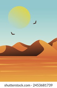 National Park wildlife poster vector illustration design. Eagle birds in the sky art. Aesthetic dunes landscape art.