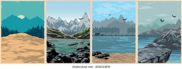 National Parks Colorful Posters With Cliff Lake And River Coasts Flying Birds Walking Bears Forest And Mountains Landscapes Vector Illustration