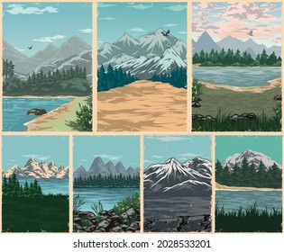 National parks colorful posters collection with flying birds and beautiful nature landscapes in vintage style vector illustration