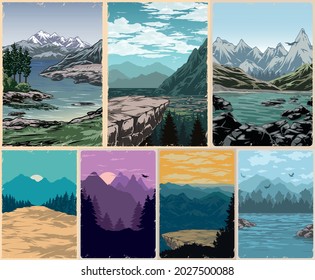 National parks colorful vintage posters set with cliffs stones rivers lakes flying birds mountains and forest landscapes vector illustration