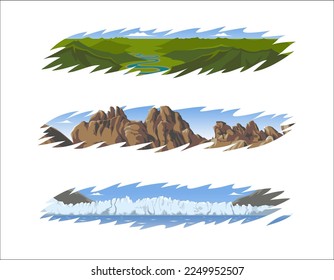 National Parks. Icon a park nature. Nature illustration. Beautiful landscape in United States. Mountain and valley views. Vector illustration of Nature Parks. Pictures of forests, mountains and water.