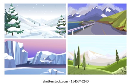 National parks illustration set. Winter and summer mountain landscapes, road along riverbank, icebergs. Nature concept